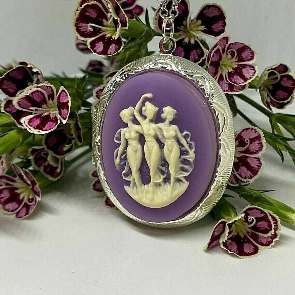 Easter Mother’s Day wedding - 3 Muses White Purple Cameo Silver Locket Necklace